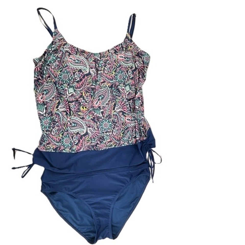 Caribbean Joe Womens 2 Piece Tankini Swimsuit Set Paisley Blue Size 14 NWT